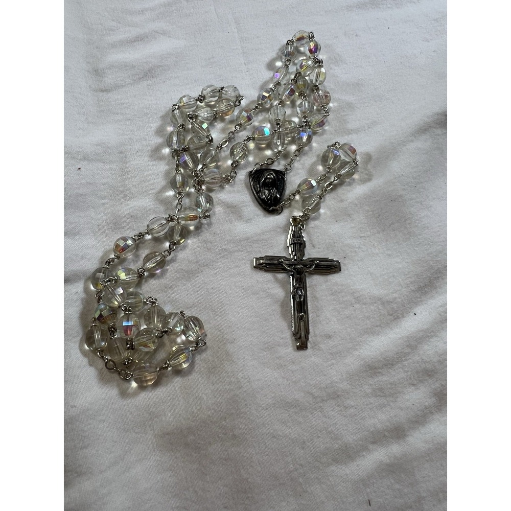Set of 2 Catholic Rosaries Blue & Clear Glass Beads Silver Crucifix INRI Vintage - Picture 6 of 12